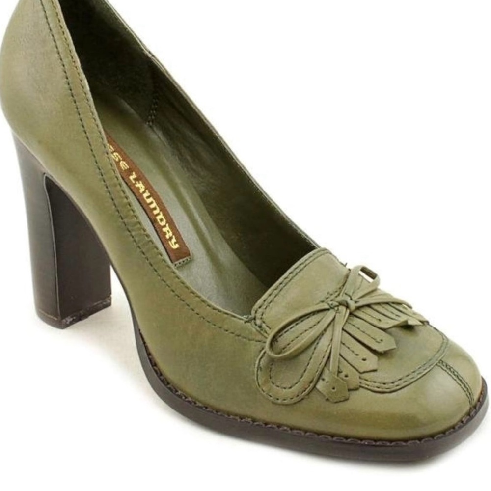 CHINESE LAUNDRY Courtney Army Green Leather Pumps Block High Heels 1940’s Retro